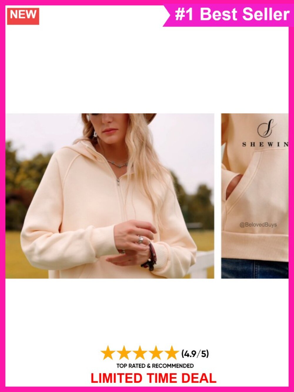 Half Zip Hoodie Pullover Sweatshirt Cotton Polyester Pockets Long Sleeve - Picture 5 of 6